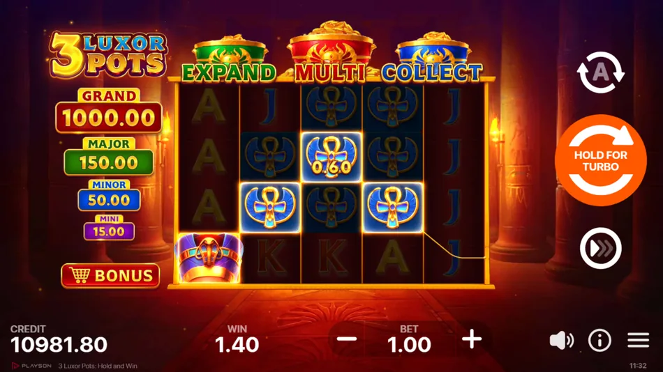 3 Luxor Pots: Hold and Win base game screen with 5x4 grid