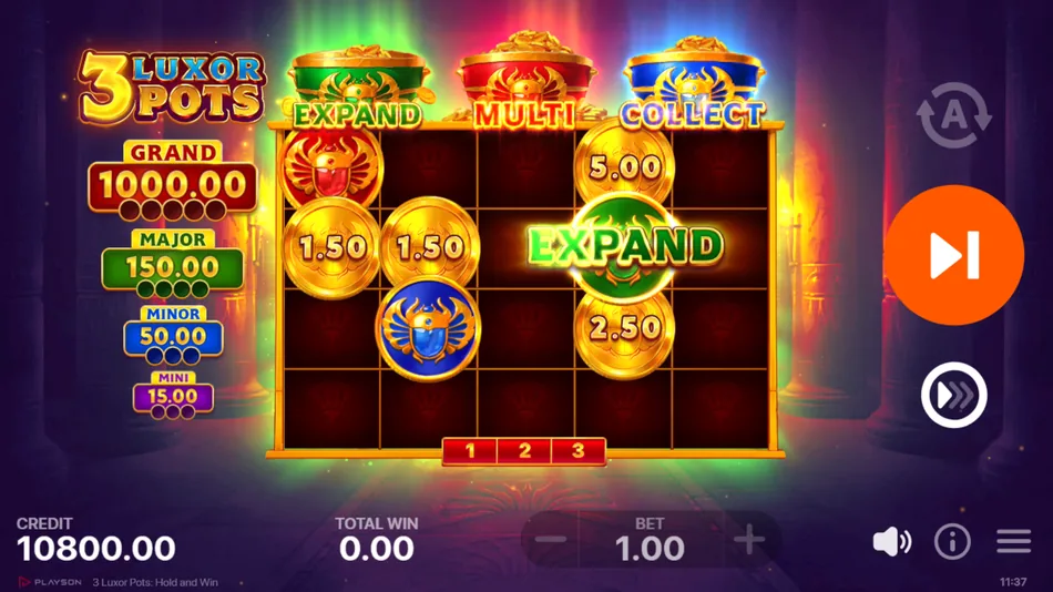 3 Luxor Pots Bonus Game screen with partially filled grid and re-spin counter
