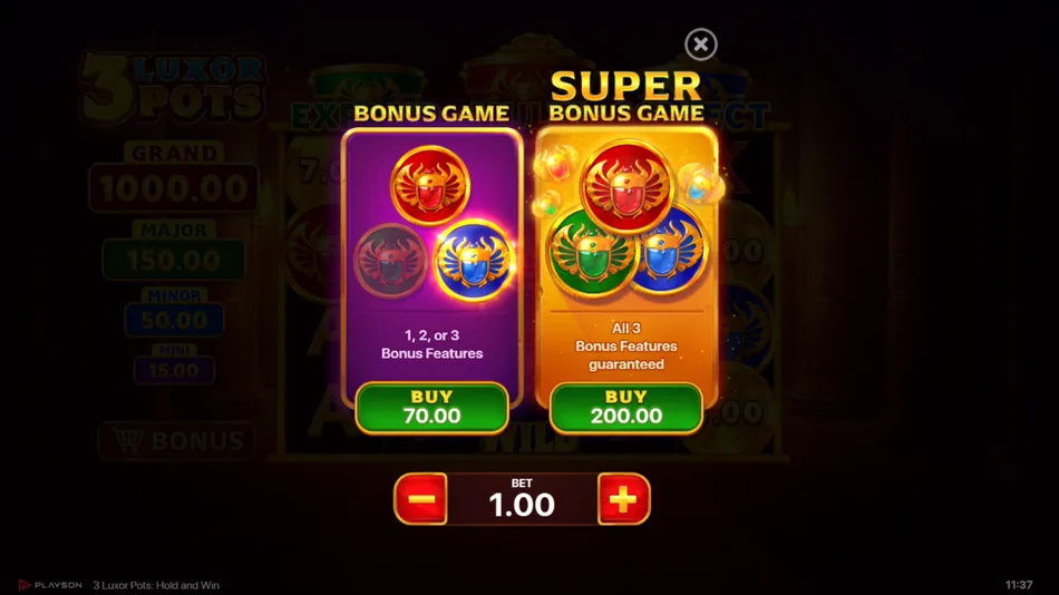 Buy Bonus Game and Buy Super Bonus Game purchase screen with costs listed
